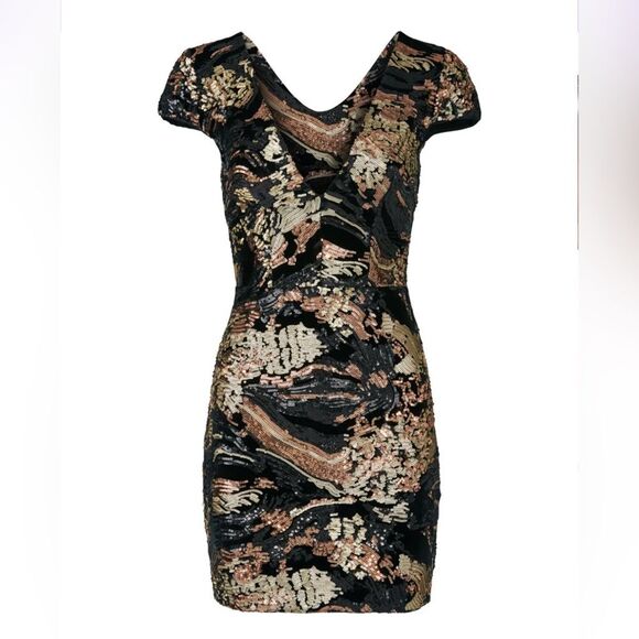 Dress the Population Abstract Zoe Sheath Black Bronze Sequin Bodycon Dress, XS - Picture 1 of 7